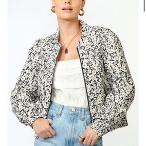 Floral Black and White Women's Bomber Jacket- Gracie Puff Sleeve Bomber Jacket